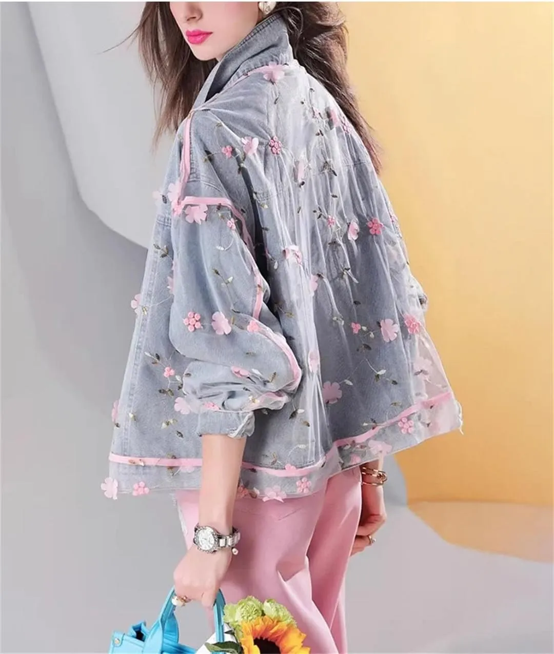 Women's Loose Denim Jacket Embroidered Mesh Overlay Vintage Button-Up Denim Coat