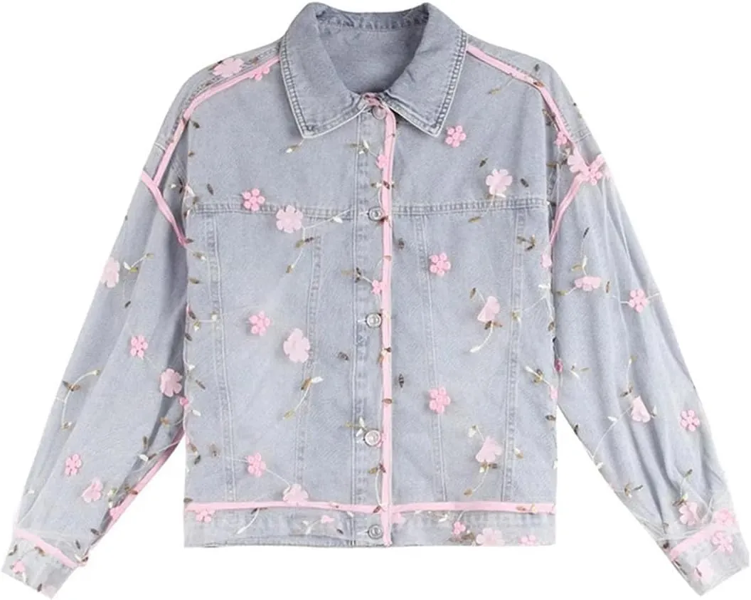 Women's Loose Denim Jacket Embroidered Mesh Overlay Vintage Button-Up Denim Coat