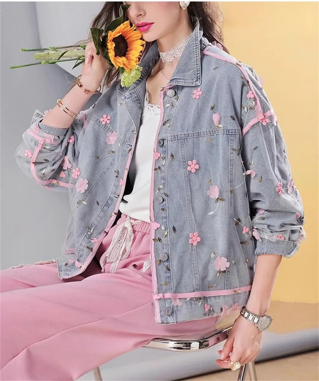 Women's Loose Denim Jacket Embroidered Mesh Overlay Vintage Button-Up Denim Coat