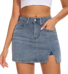 Womens Mini Skirt Side Slit Denim Skort High Waisted Denim Skirt with Shorts Underneath Mini Jean Skirt