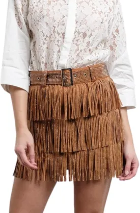 Womens Sparkle Rhinestone Fringe Shorts Pants Elastic Band Skort Western Cowgirl Mini Skirt Built-in Short(0530-Brown-XL)