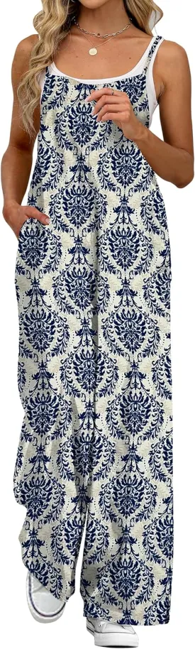 Women's Summer Jumpsuits Boho Wide Leg Overalls Casual Floral Print Rompers Beach Outfits with Pockets